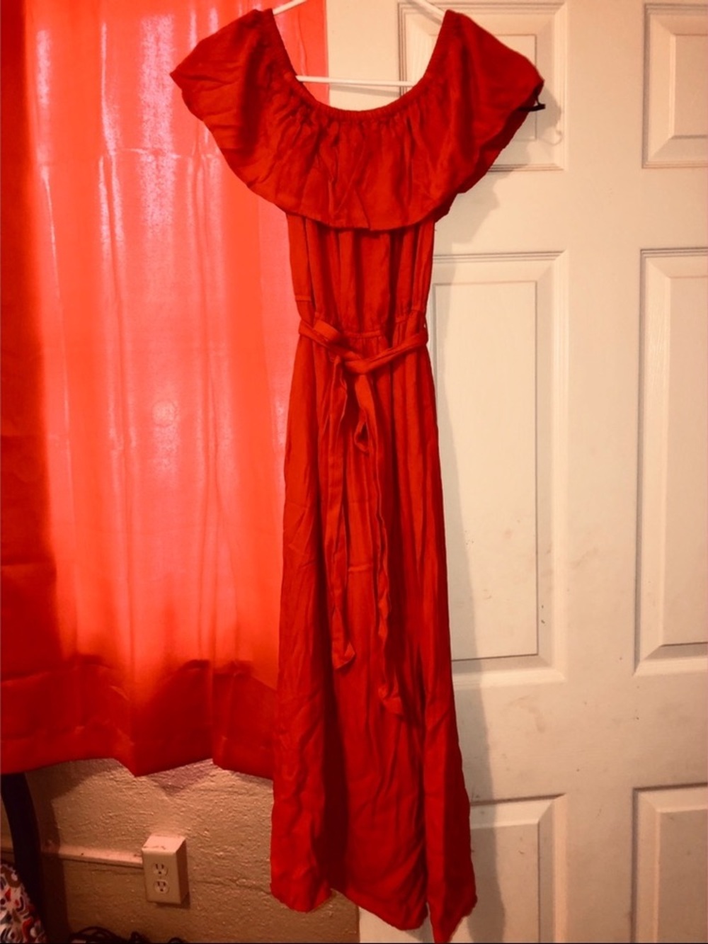 Coach Girls Red Off-Shoulder Ruffle Belted Dress
